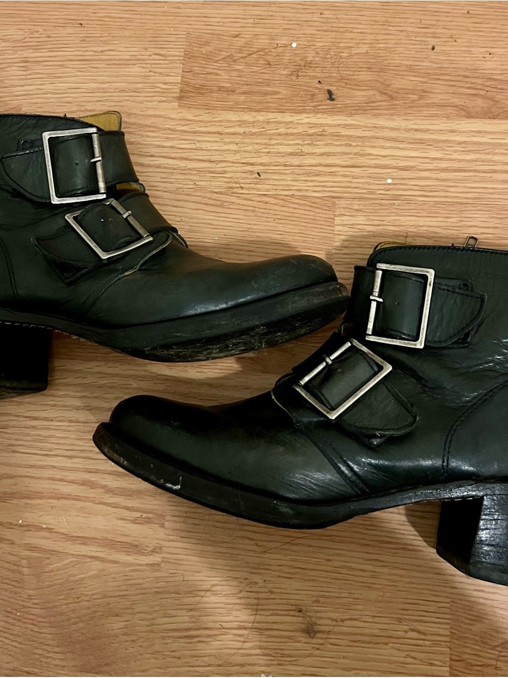 Frye Black Leather Double-Buckle Heeled Ankle Boots